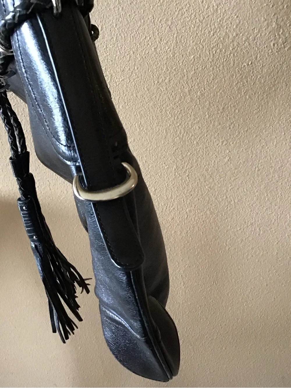Vintage DKNY Black Leather Braided Tassel Hobo Handbag